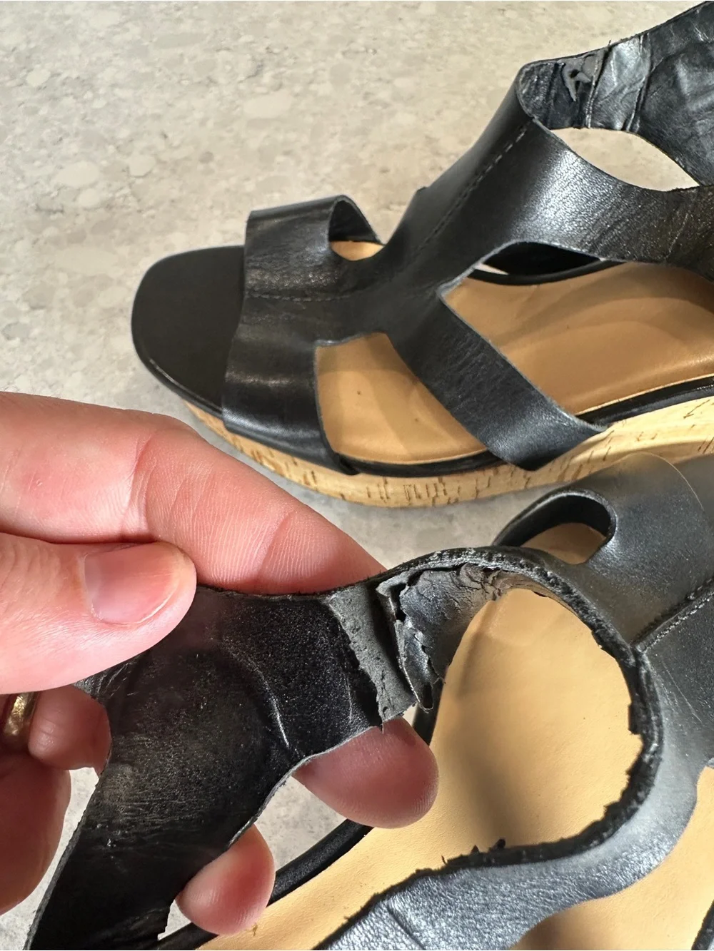 Franco Sarto Black Leather Cutout Wedge Sandals with Slingback